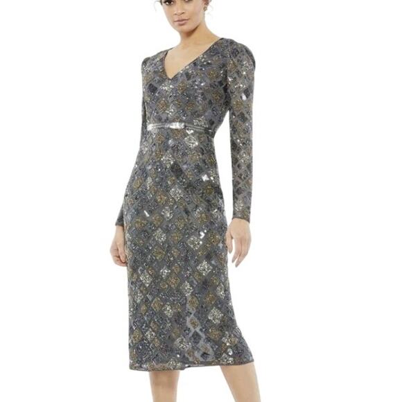 Mac Duggal Gray Long Sleeve V Neck Cocktail Beaded Sequin Midi Dress Size 6 NWT - Picture 1 of 11